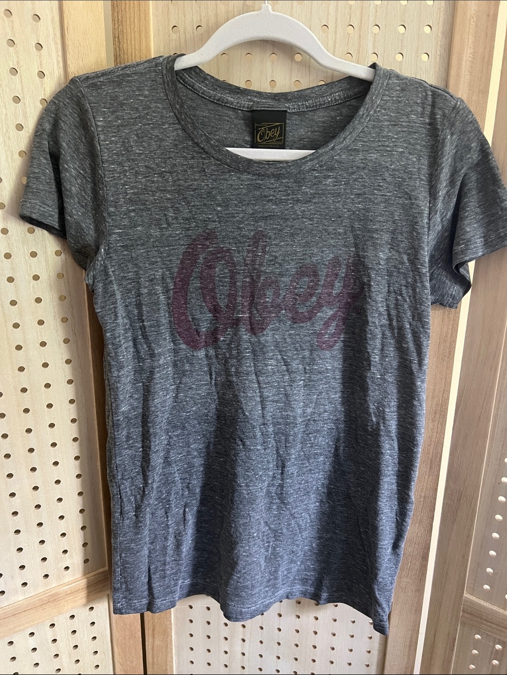 Obey Women's Heather Gray Tee with Maroon Logo